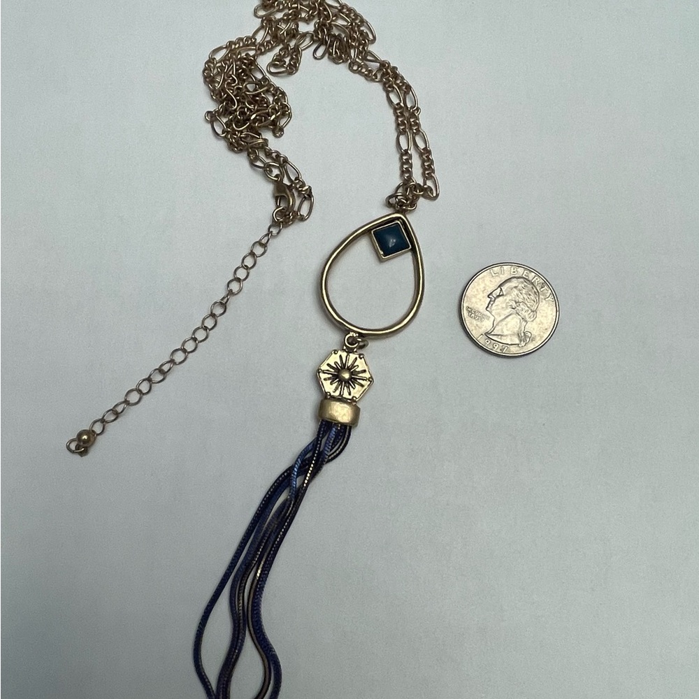 Gold Metal and Blue Stone Long Necklace - Picture 5 of 11